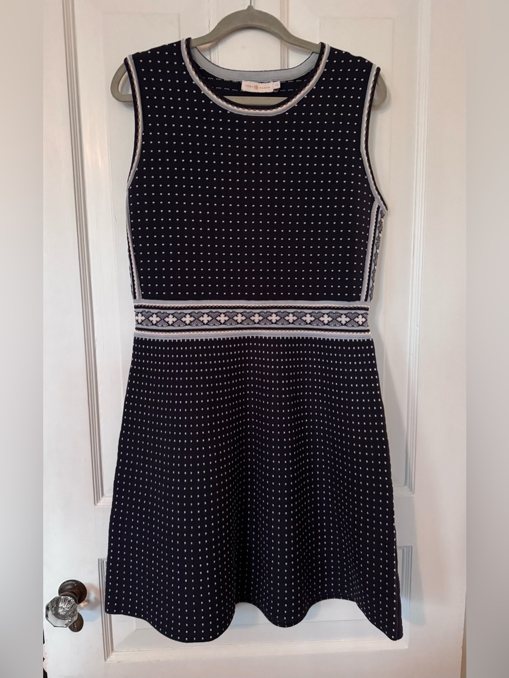 Tory Burch Navy Mini Geo Stitch Knit Sleeveless Dress